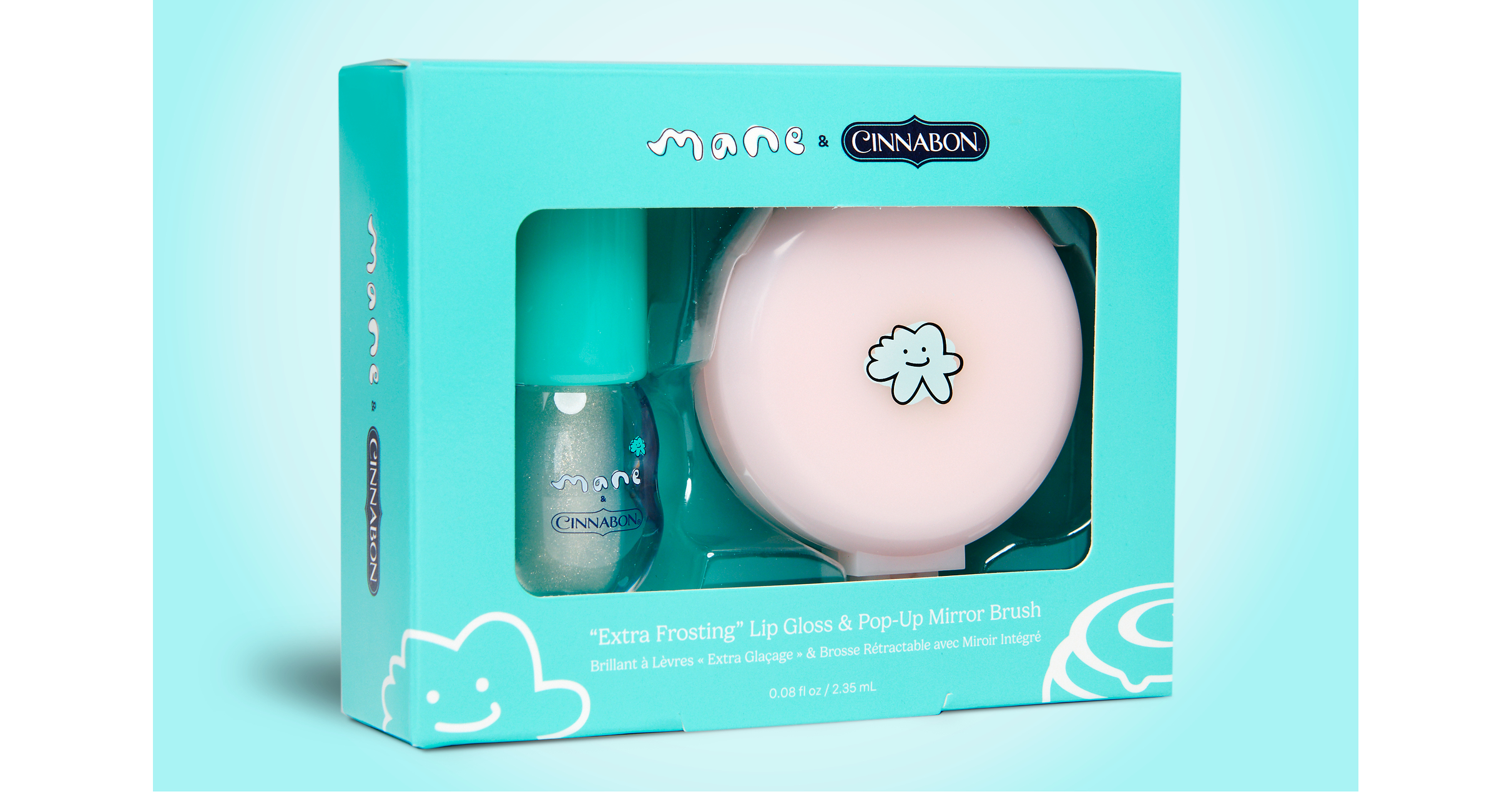 Mane × Cinnabon 联名唇彩套组外盒，内含唇彩和镜梳